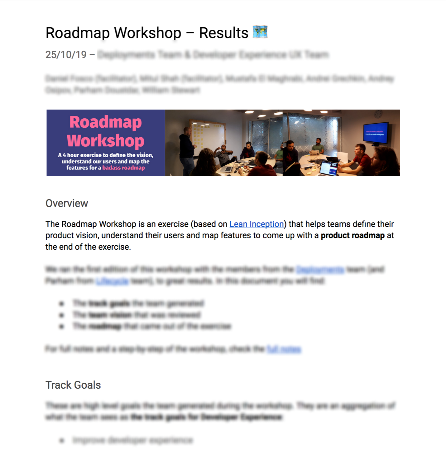 Document with blurred summary of Roadmap Workshop
