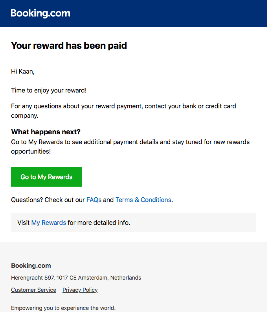 My Rewards email notification for paid reward